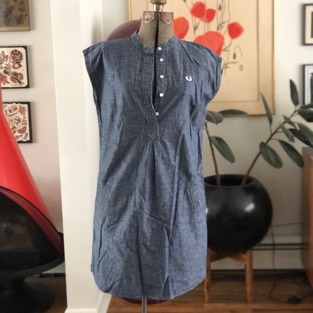 Chambray Fred Perry shift dress Mod Oi! Denim 60s style US 4